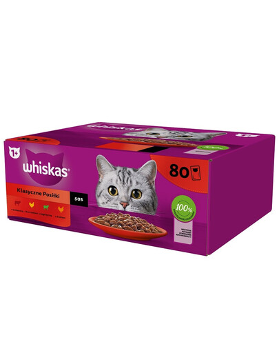 WHISKAS Adult Classic Meals - nourriture humide pour chats adultes en sauce (morceaux avec : bœuf, poulet, agneau, volaille) - sachets 80 x 85 g