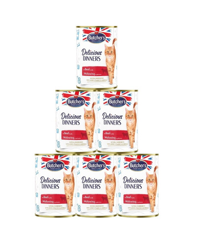BUTCHER'S Delicious Dinners ,nourriture pour chats, morceaux de bœuf en gelée 6x400g