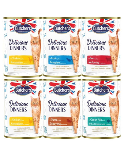 BUTCHER'S Delicious Dinners in Jelly 6x400g morceaux de poulet, de gibier, de truite, de poisson de mer, de bœuf