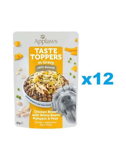 APPLAWS Dog Pouch Taste Toppers - Blanc de poulet avec haricots blancs, potiron et petits pois en sauce - 12x85 g