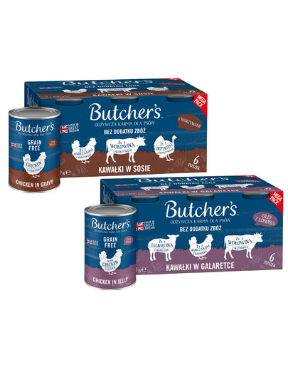 BUTCHER'S Original Recipe Mélange de saveurs 12x400 g en sauce (avec du bœuf, de la dinde et du poulet), en gelée (au bœuf, à l'agneau et au poulet)