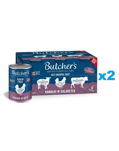 BUTCHER'S Original Recipe in jelly Saveurs mixtes avec foie ou rognons 12x400 g Morceaux en gelée de bœuf, d'agneau et de poulet pour chiens
