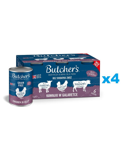 BUTCHER'S Original Recipe in jelly Saveurs mixtes avec foie ou rognons 24x400 g Morceaux de bœuf, d'agneau et de poulet en gelée pour chiens