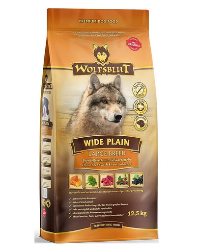 WOLFSBLUT Wide Plain Large Breed Adult nourriture sèche pour chiens allergiques de grande race avec de la viande de cheval et des patates douces 12.5 kg