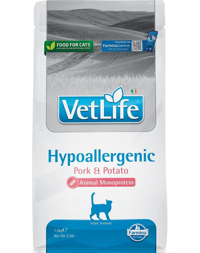 FARMINA VetLife Hypoallergenic Adult Pork Potato 1,5 kg - porc & pomme de terre nourriture diététique pour chats destiné à réduire les intolérances aux ingrédients