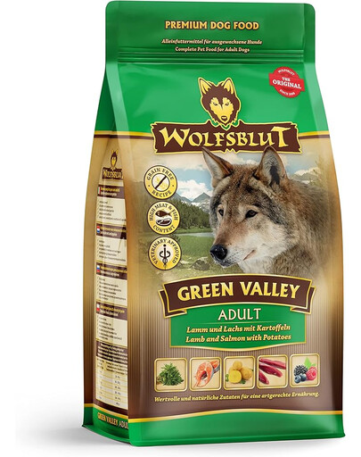 WOLFSBLUT Green Valley Adult Croquettes pour chiens avec agneau, saumon et légumes 12,5 kg