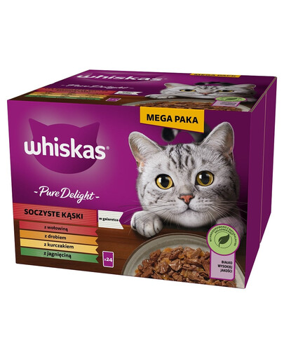WHISKAS Adult Pure Delight Juicy Jellied Bites 24x85 g morceaux avec bœuf, poulet, agneau, volaille pour chats adultes