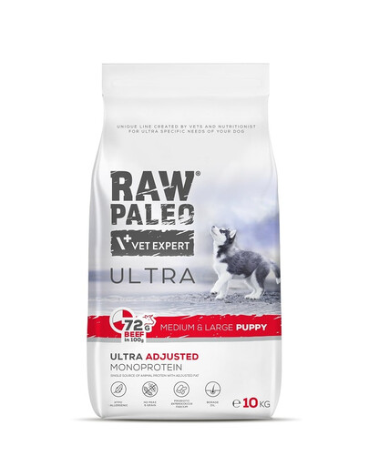 VETEXPERT RAW PALEO Ultra Beef Medium&Large Puppy - Croquettes  avec viande de bœuf pour chiots de moyennes et grandes races - 10 kg