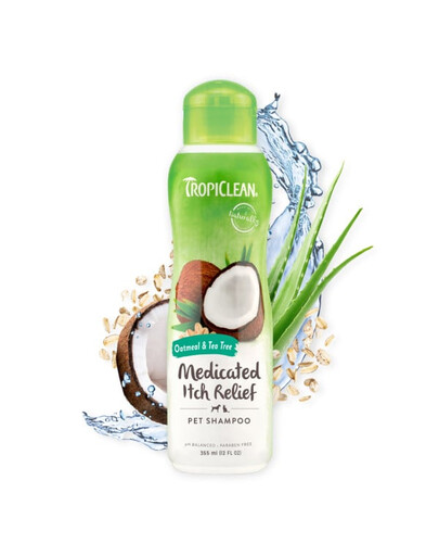 TROPICLEAN Oatmeal Tea Tree Medicated Itch Relief Shampoo 355ml shampooing apaisant pour les démangeaisons de la peau des chiens et des chats