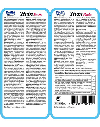 INABA Dog Twin Aliment humide avec poulet, légumes et fromage 2x40 g