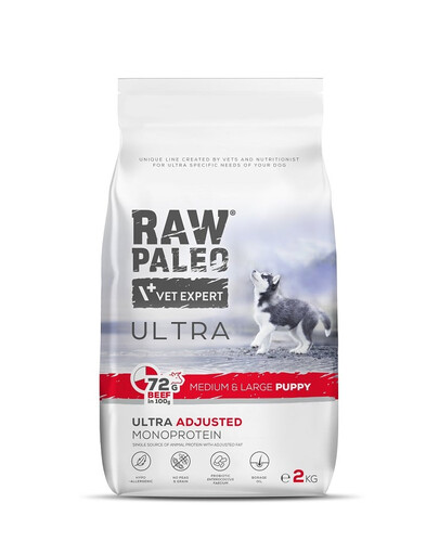 VETEXPERT RAW PALEO Ultra Beef Medium&Large Puppy - Croquettes avec viande de bœuf pour chiots de moyennes et grandes races - 2 kg