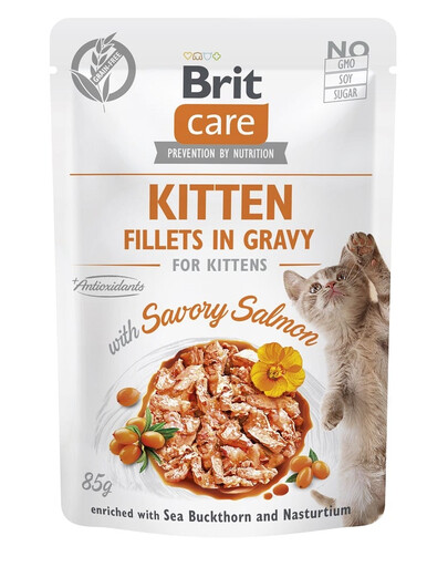 BRIT CARE Fillets in Gravy Pouch Kitten Savory Salmon - saumon en sauce pour chatons - 24x85g