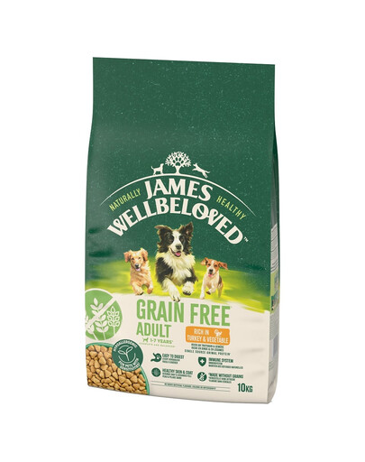 JAMES WELLBELOVED Adult Croquettes complètes sans céréales pour chiens adultes de 1 à 7 ans, riches en dinde et en légumes 10 kg