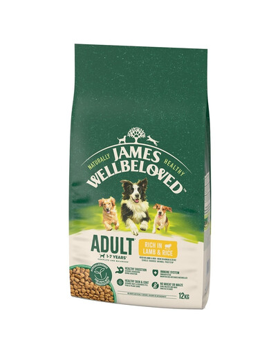 JAMES WELLBELOVED Adult Croquettes complètes pour chiens adultes de 1 à 7 ans, riches en agneau et en riz 12 kg