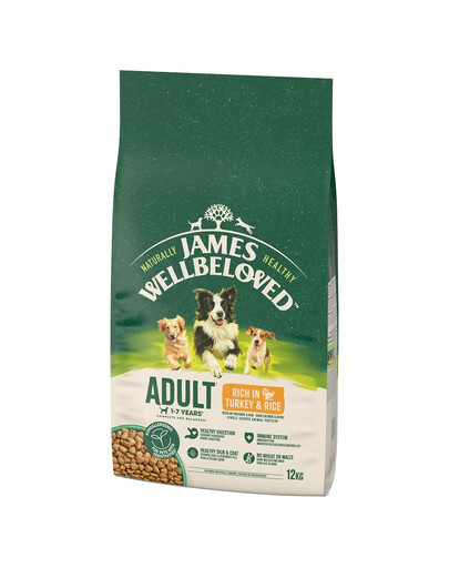 JAMES WELLBELOVED Adult Croquettes complètes pour chiens adultes de 1 à 7 ans, riches en dinde et en riz 12 kg
