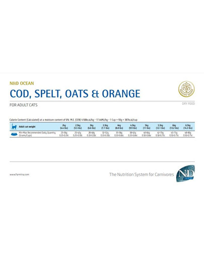 FARMINA N&D Ocean Cat Adult Cod, Spelt, Oats & Orange - 10 kg - pour chat adulte avec morue, épeautre, avoine, orange