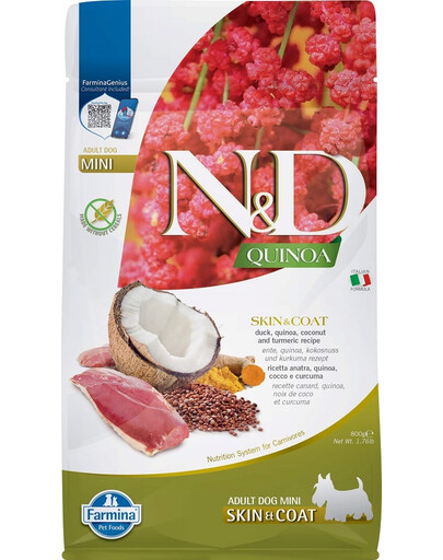 FARMINA N&D Quinoa Mini Skin and Coat - Canard, quinoa, noix de coco & curcuma pour favoriser la peau et le pelage des chiens adultes de petites races - 800g