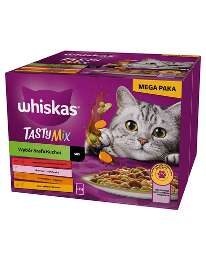 WHISKAS Adult Tasty Mix Chef's Choice en sauce 24x85 g avec bœuf, saumon, poulet et dinde, poulet et cabillaud pour chats adultes
