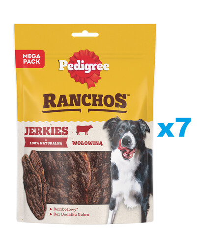 PEDIGREE Ranchos Jerkies Nourriture complémentaire sans céréales pour chiens adultes, au bœuf 7 x 180 g