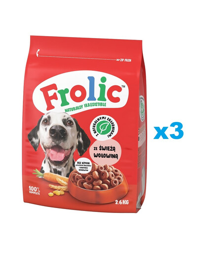FROLIC Naturally Irresistible Nourriture complète pour chiens adultes avec du boeuf frais 3x2,6 kg