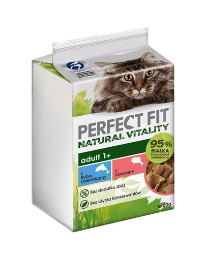 PERFECT FIT Natural Vitality Adult 1+ Fish 6x50g sachets avec poisson océanique et saumon en sauce pour chats