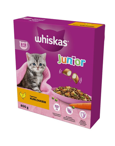 WHISKAS Junior 800 g d'aliments secs complets pour chatons avec du poulet délicieux