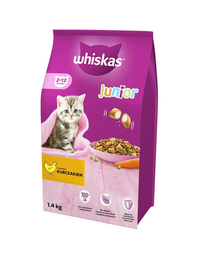 WHISKAS Junior 1,4 kg d'aliments secs complets pour chatons avec du poulet délicieux