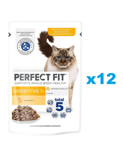 PERFECT FIT Sensitive 1+  12x85 g Aliment complet humide pour chats adultes au poulet en sauce