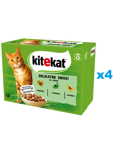 KITEKAT Saveurs délicates 48x85 g Aliment complet humide pour chats adultes à base de dinde, lapin et volaille en sauce