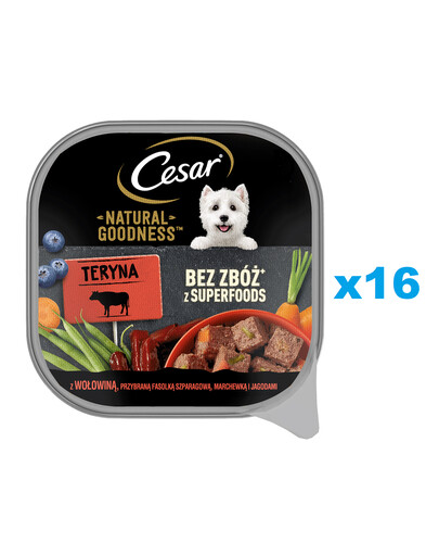 CESAR Natural Goodness Mus 16x100 g Aliment complet humide pour chiens adultes à base de bœuf, haricots verts, carottes et myrtilles