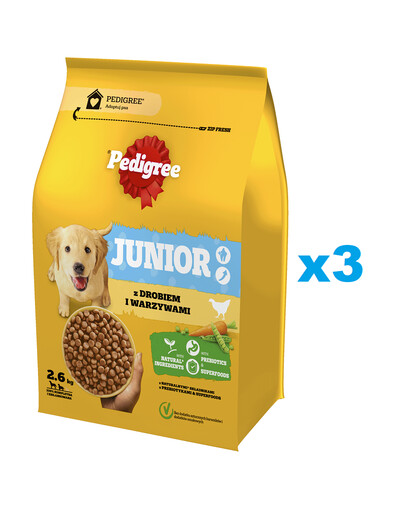 PEDIGREE Junior 3x2,6 kg avec volaille et légumes aliment complet sec pour chiens de grande et moyenne taille en pleine croissance