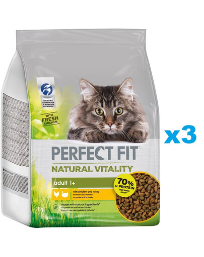 PERFECT FIT Natural Vitality Croquettes complètes pour chats adultes au poulet et à la dinde 3x2,4 kg
