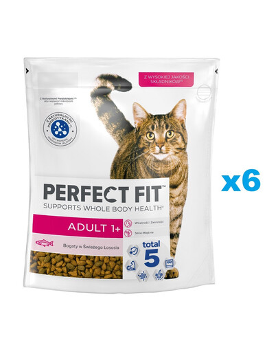 PERFECT FIT Adult 1+ 6x750 g Croquettes complètes pour chats adultes, riches en saumon frais