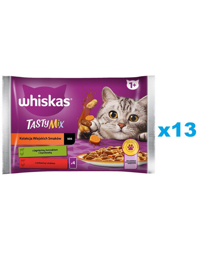 WHISKAS Adult sachet 52x85g Collection d'aliments pour chats humides Countryside Flavours en morceaux de sauce avec de l'agneau, du poulet et des carottes, du bœuf et de la volaille