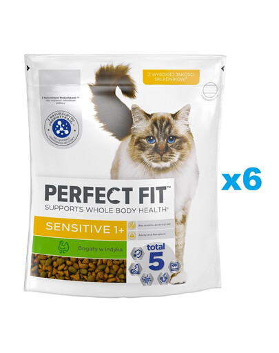 PERFECT FIT Sensitive 1+ 6x750 g Croquettes complètes pour chats adultes riches en dinde
