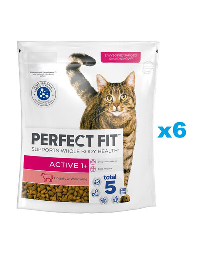 PERFECT FIT Active 1+ 6x750 g Croquettes complètes pour chats adultes riches en bœuf