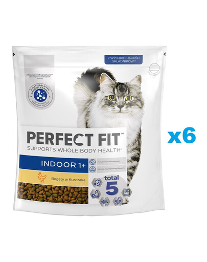 PERFECT FIT Indoor 1+ 6x750 g Aliment sec complet pour chats adultes, riche en poulet