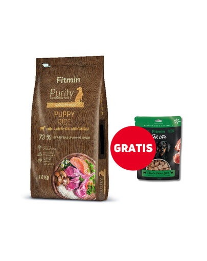 FITMIN Dog Purity rice puppy lamb & salmon 12 kg + friandise GRATUIT
