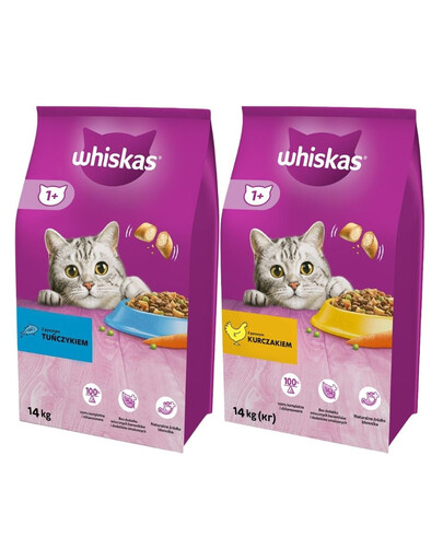WHISKAS Adult 14kg avec poulet et légumes + WHISKAS Adult 14kg avec thon et légumes