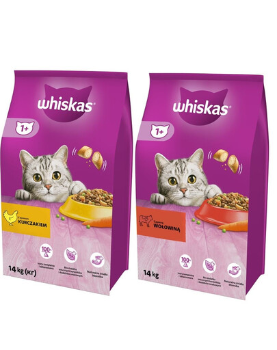 WHISKAS Adult 14kg au poulet et légumes + WHISKAS Adult 14kg au bœuf et légumes