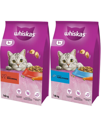 WHISKAS Adult 14kg avec bœuf et légumes + WHISKAS Adulte 14kg avec thon et légumes
