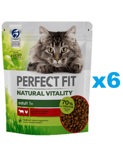 PERFECT FIT Natural Vitality 1+ Croquettes complètes pour chats adultes au bœuf et au poulet 6x650 g