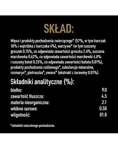 puszka 400g - mokra karma pełnoporcjowa dla dorosłych psów bogata w kurczaka, przybrana batatem, groszkiem i żurawiną