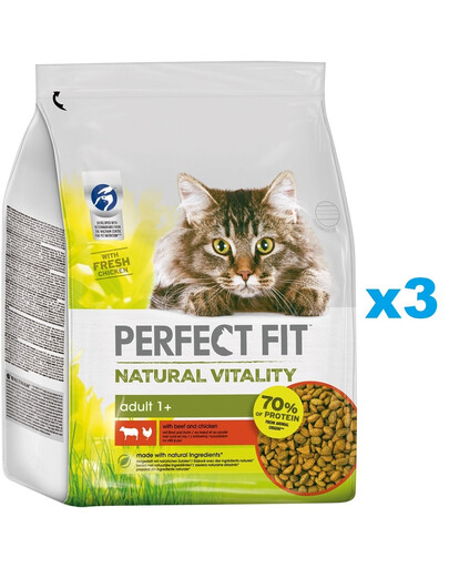 PERFECT FIT Natural Vitality Croquettes complètes pour chats adultes, au bœuf et au poulet 3x2,4 kg