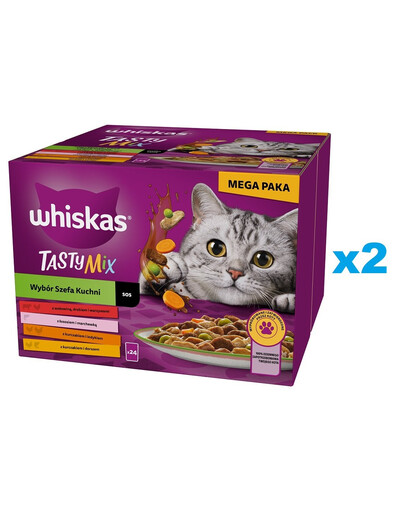 WHISKAS Adult Tasty Mix Chef's Choice en sauce 48x85 g avec bœuf, saumon, poulet et dinde, poulet et cabillaud pour chats adultes