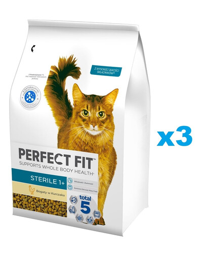 PERFECT FIT Sterile 1+ Croquettes complètes pour chats adultes, riches en poulet 3x2,8 kg