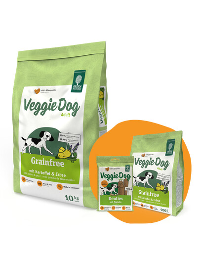 GREEN PETFOOD VeggieDog Grainfree avec pommes de terre et petits pois 10 kg + 900 g & Denties GRATUITS