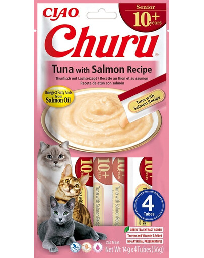 INABA Churu Cat Senior Tuna avec Saumon 4x14g friandise crémeuse pour les chats âgés au goût de thon et de saumon