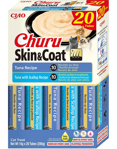 INABA Churu Cat Skin Coat 20x14g thon, thon et coquilles Saint-Jacques, un délice crémeux pour chat