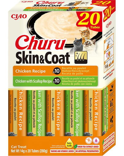 INABA Churu Cat Skin Coat 20x14g poulet, poulet et coquilles Saint-Jacques, un délice crémeux pour chat